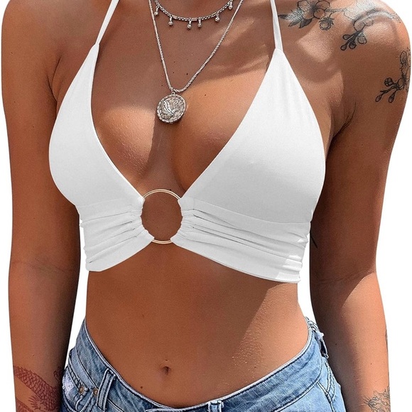 Tops - White Halter with silver middle connector ring
